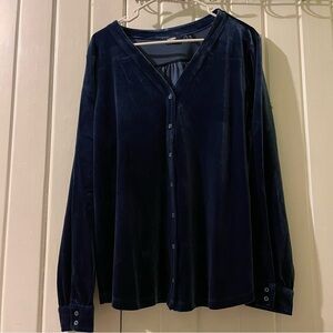 Lands’ End blue velour button down blouse X-large NWOT